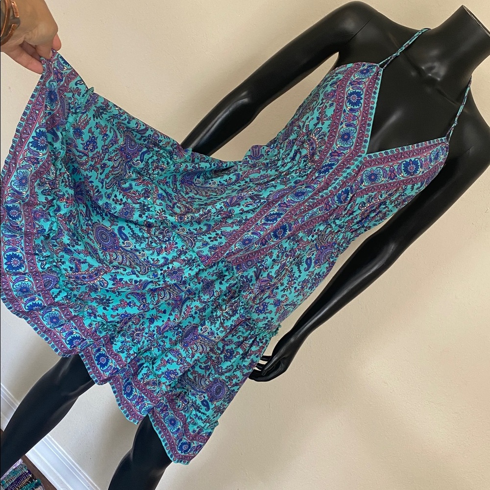 Sleeveless Teal Purple & Pink Silk Floral V-Neck Adjustable Size S M L Dress - Picture 4 of 15